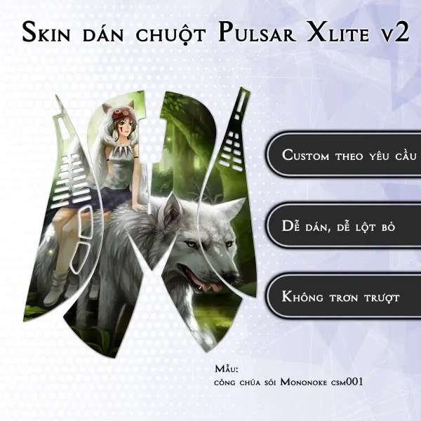 Skin dán chuột Pulsar Xlite Wireless v2 mẫu công chúa sói Mononoke csm001