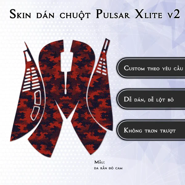 Skin dán chuột Pulsar Xlite Wireless v2 mẫu da rắn đỏ cam