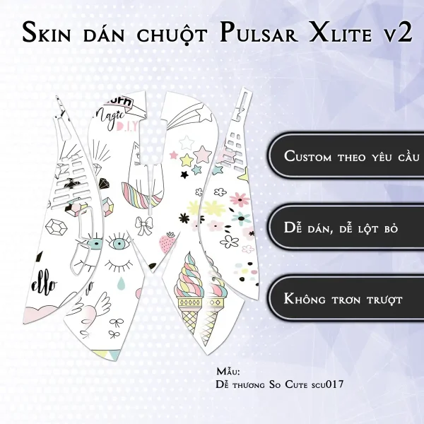 Skin dán chuột Pulsar Xlite Wireless v2 mẫu Dễ thương So Cute scu017