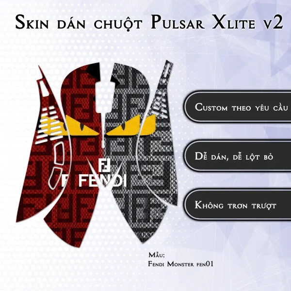 Skin dán chuột Pulsar Xlite Wireless v2 mẫu Fendi Monster fen01