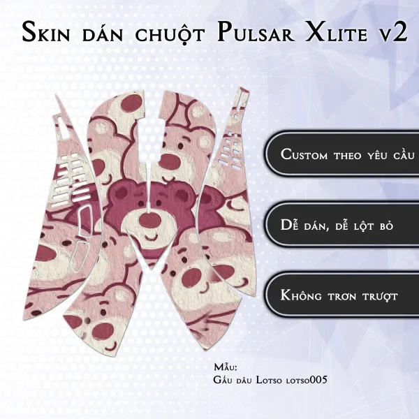 Skin dán chuột Pulsar Xlite Wireless v2 mẫu Gấu dâu Lotso lotso005