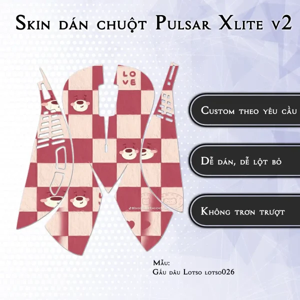 Skin dán chuột Pulsar Xlite Wireless v2 mẫu Gấu dâu Lotso lotso026
