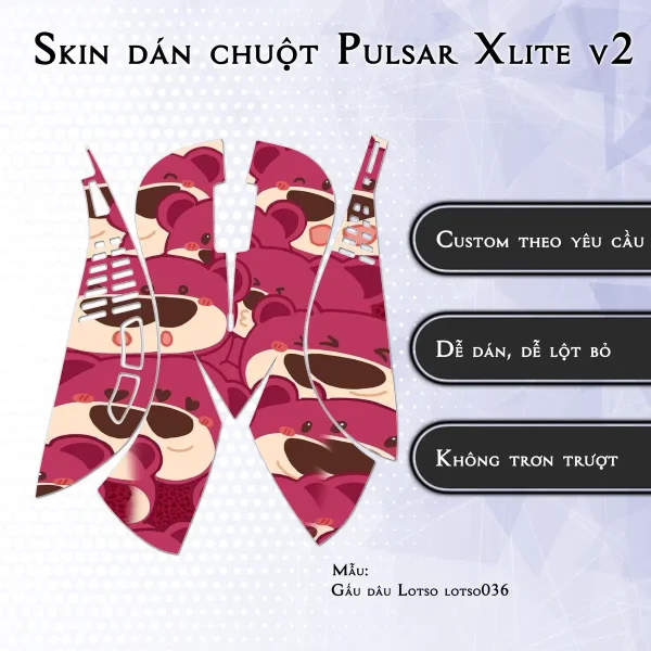 Skin dán chuột Pulsar Xlite Wireless v2 mẫu Gấu dâu Lotso lotso036