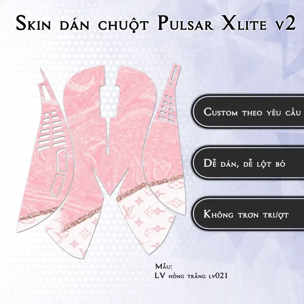 Skin dán chuột Pulsar Xlite Wireless v2 mẫu LV hồng trắng lv021