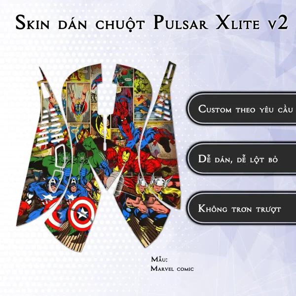Skin dán chuột Pulsar Xlite Wireless v2 mẫu Marvel comic