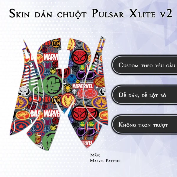 Skin dán chuột Pulsar Xlite Wireless v2 mẫu Marvel Pattern