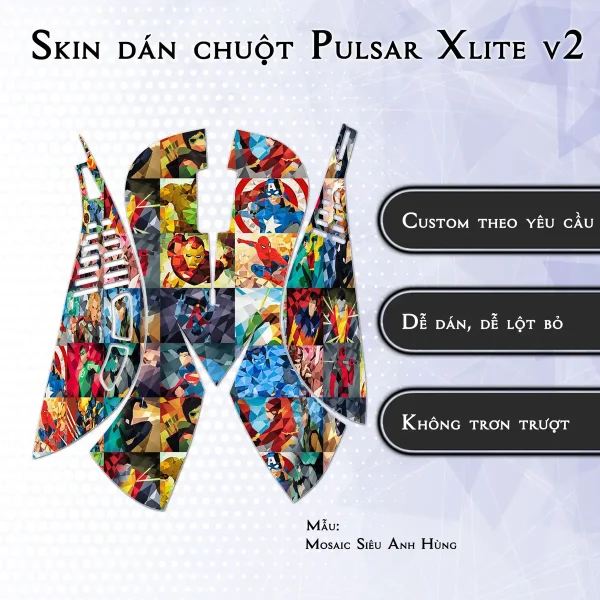 Skin dán chuột Pulsar Xlite Wireless v2 mẫu Mosaic Siêu Anh Hùng