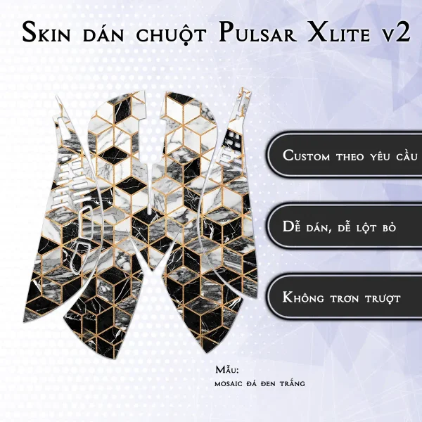 Skin dán chuột Pulsar Xlite Wireless v2 mẫu mosaic đá đen trắng