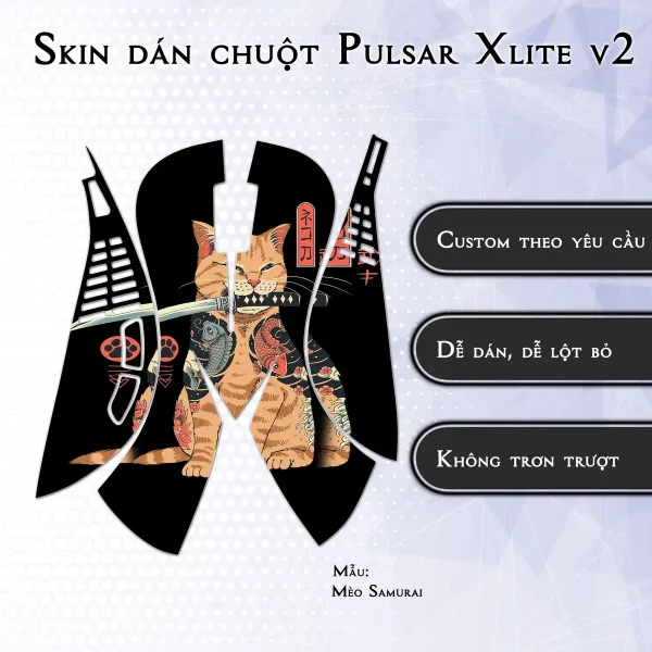 Skin dán chuột Pulsar Xlite Wireless v2 mẫu Mèo Samurai