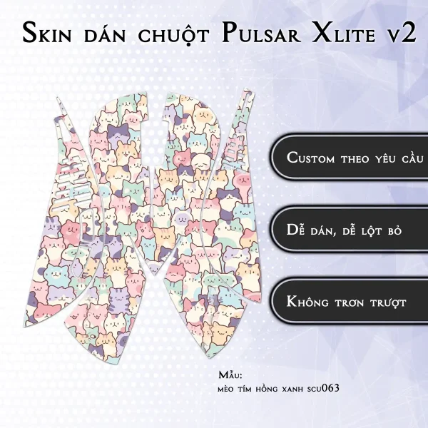 Skin dán chuột Pulsar Xlite Wireless v2 mẫu mèo tím hồng xanh scu063