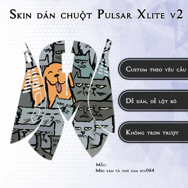 Skin dán chuột Pulsar Xlite Wireless v2 mẫu Mèo xám và chó cam scu064