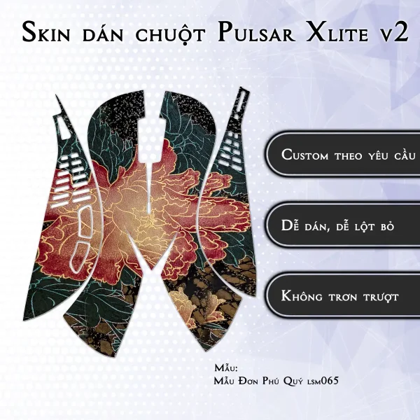Skin dán chuột Pulsar Xlite Wireless v2 mẫu Mẫu Đơn Phú Quý lsm065