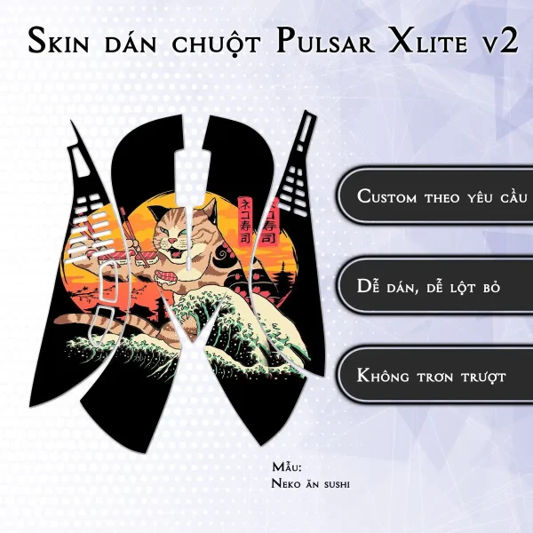 Skin dán chuột Pulsar Xlite Wireless v2 mẫu Neko ăn sushi