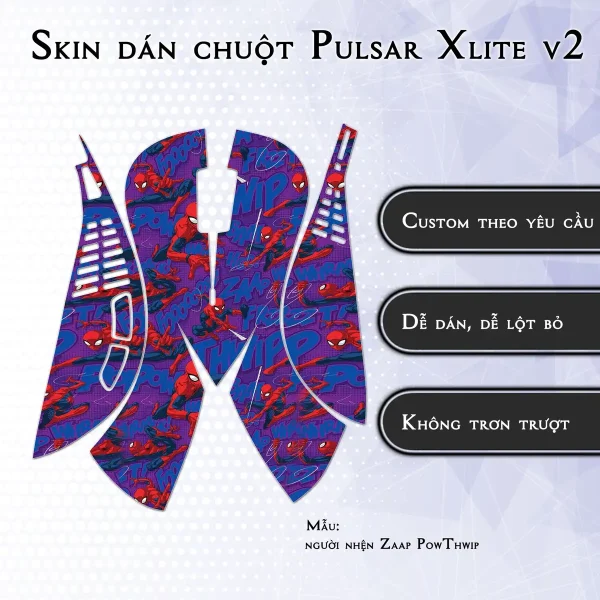 Skin dán chuột Pulsar Xlite Wireless v2 mẫu người nhện Zaap PowThwip