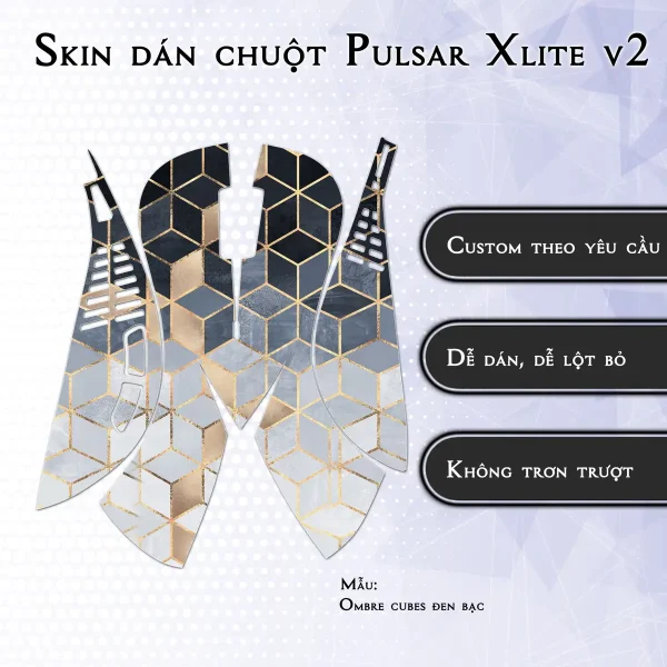 Skin dán chuột Pulsar Xlite Wireless v2 mẫu Ombre cubes đen bạc