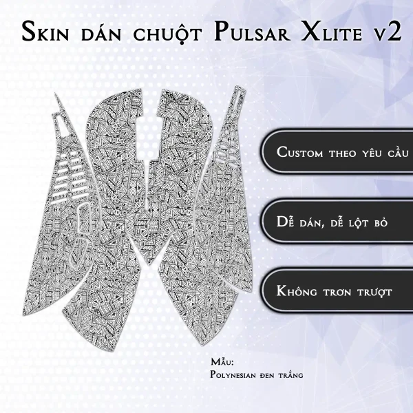 Skin dán chuột Pulsar Xlite Wireless v2 mẫu Polynesian đen trắng