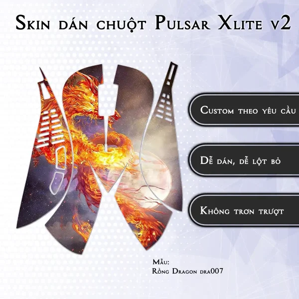 Skin dán chuột Pulsar Xlite Wireless v2 mẫu Rồng Dragon dra007