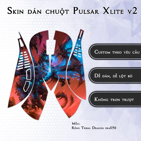 Skin dán chuột Pulsar Xlite Wireless v2 mẫu Rồng Tribal Dragon dra056