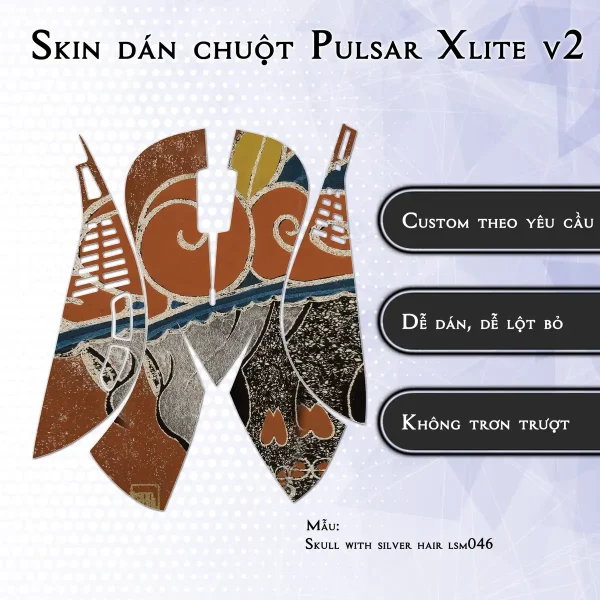 Skin dán chuột Pulsar Xlite Wireless v2 mẫu Skull with silver hair lsm046