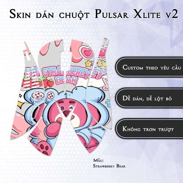Skin dán chuột Pulsar Xlite Wireless v2 mẫu Strawberry Bear