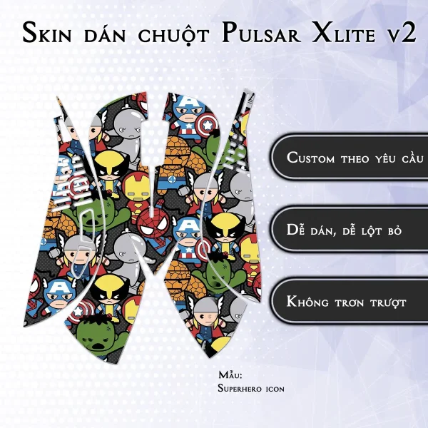 Skin dán chuột Pulsar Xlite Wireless v2 mẫu Superhero icon